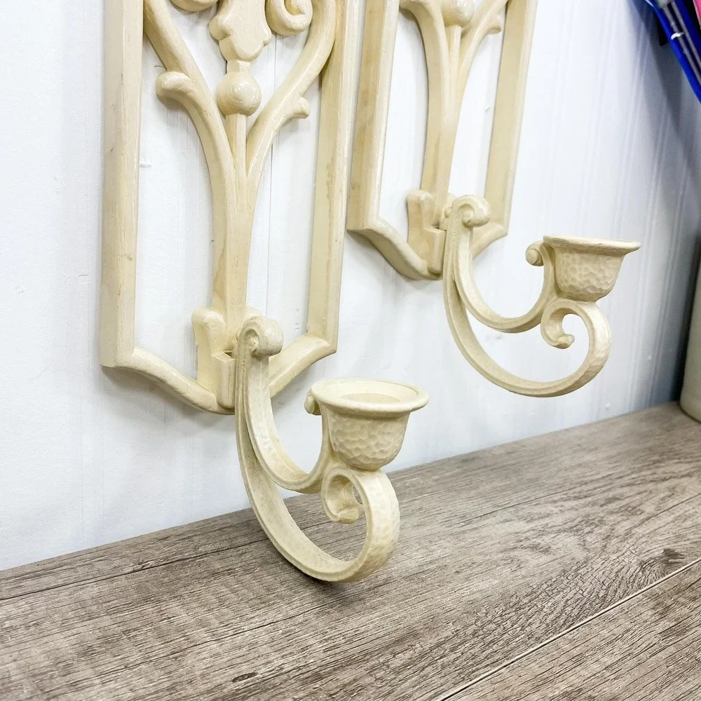 Vintage Beige Sconce Candleholder Set: Burwood Plastic Wall Decor